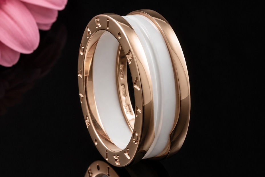 BVLGARI B.zero1 2-Band Ring Weiße Keramik 750er Roségold Größe 60 OVP 