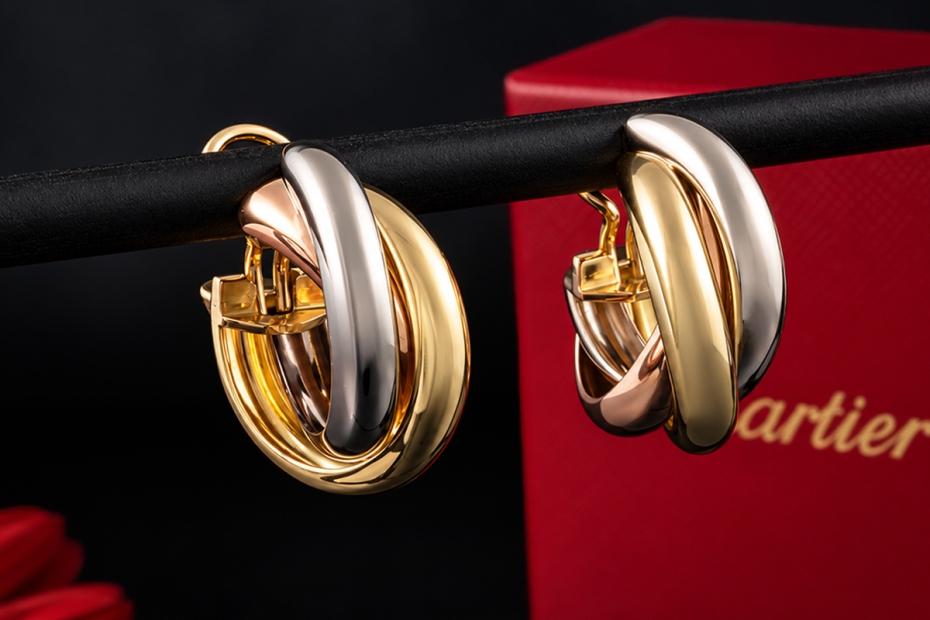 Trinity de Cartier Creolen Ohrringe Große Ausführung 750er Gold Full Set 