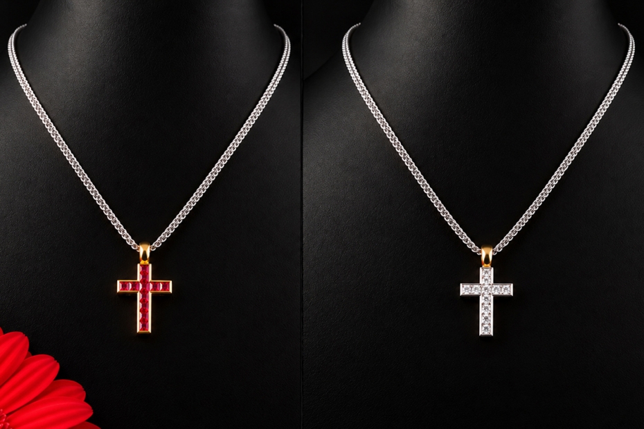 Hans Dieter Krieger Wende-Kreuz Collier Rubine & Diamanten in 750er Gold 