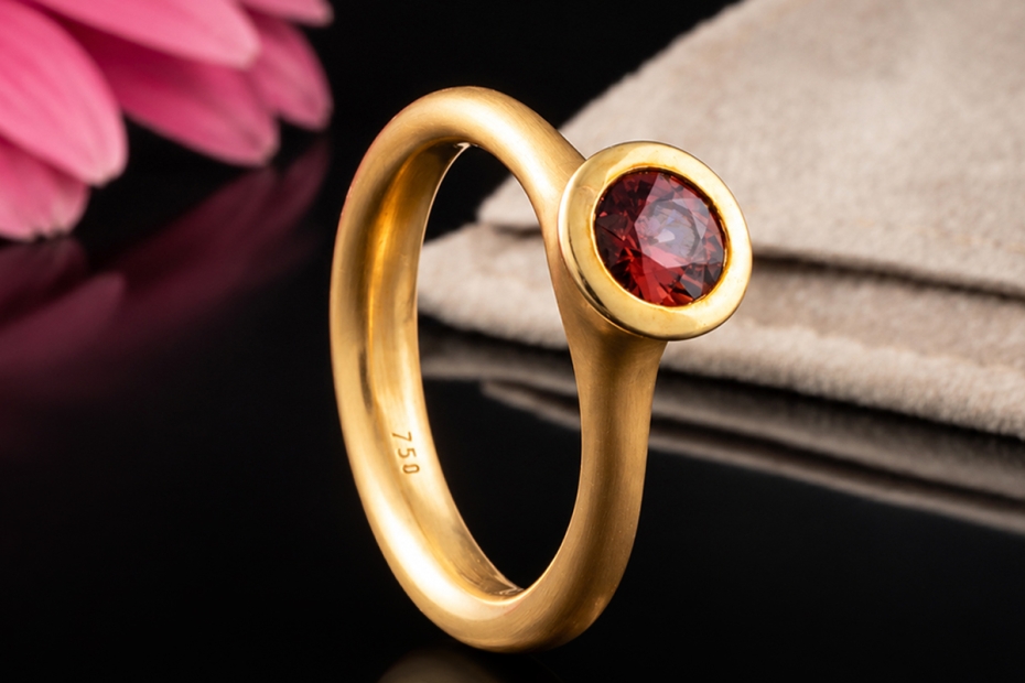 Hollfelder Creations Solitär Ring Roter Granat Mattiertes 750er Roségold 