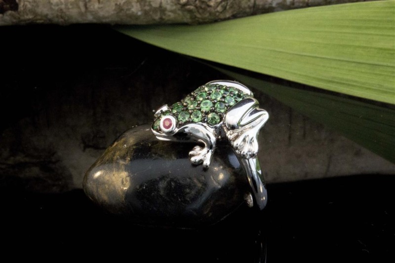 Tier Motiv Ring Frosch in 750er Weißgold mit Tsavorite und Rubin 