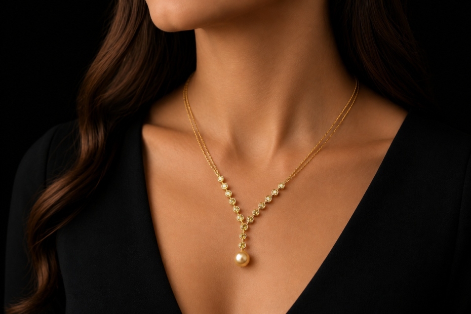Y-Collier Goldene Südsee Perle und Diamanten Handarbeit in Gelbgold 750 