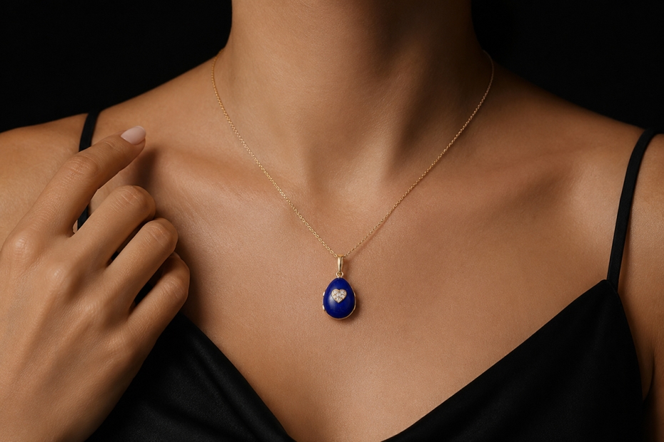 Fabergé Anhänger Gold Ei-Medaillon Herz Versteck Diamanten Emaille Blau 