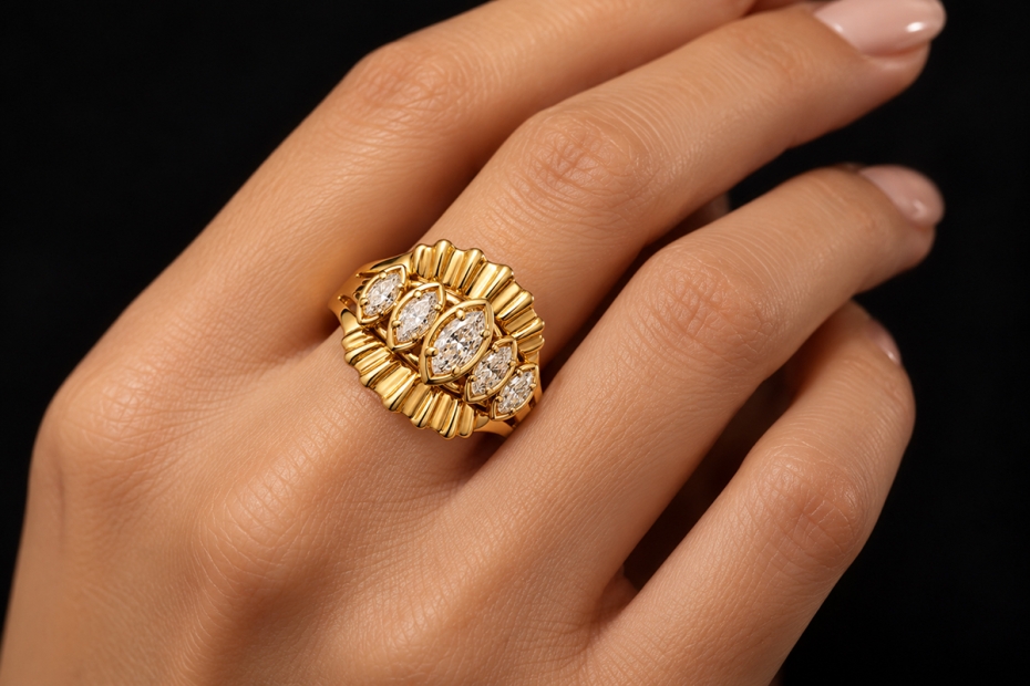 Vintage Ring 5 Navette-Diamanten & Finger-Mate-Mechanismus in 585er Gold 