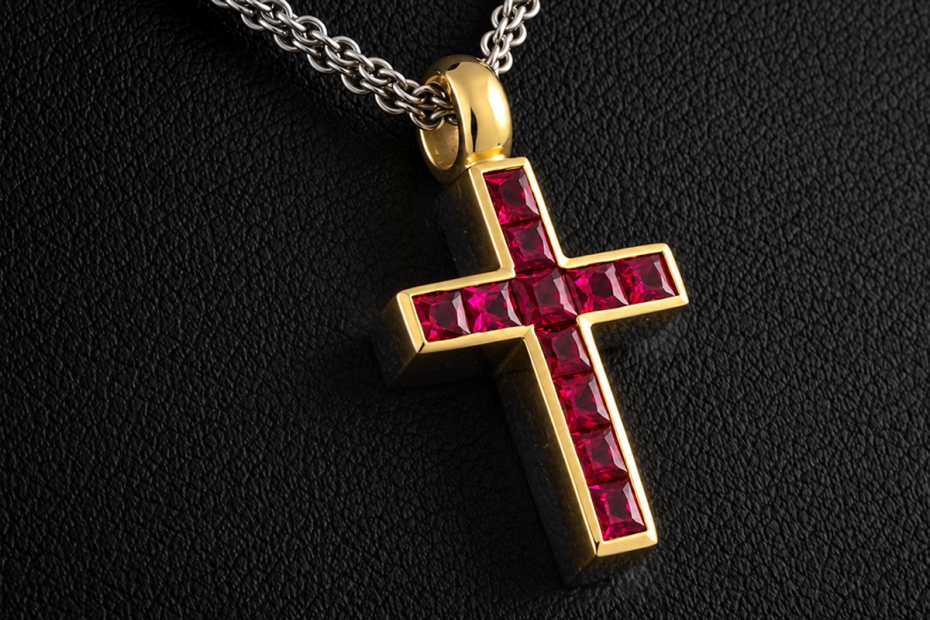 Hans Dieter Krieger Wende-Kreuz Collier Rubine & Diamanten in 750er Gold 
