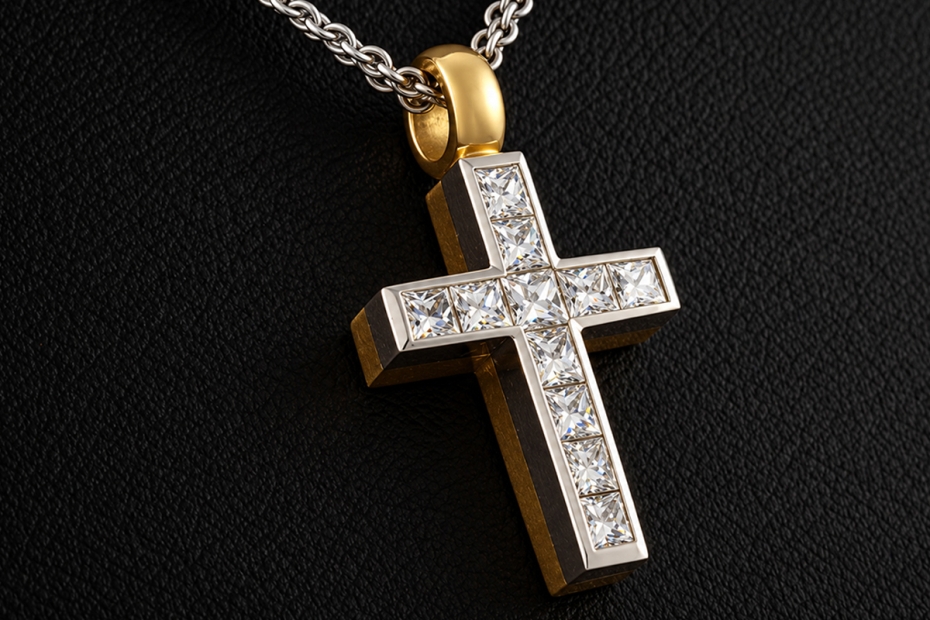 Hans Dieter Krieger Wende-Kreuz Collier Rubine & Diamanten in 750er Gold 