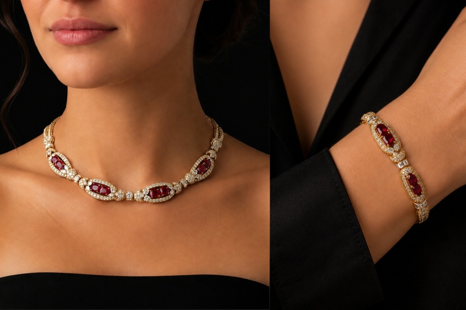 Cartier Paris Vintage Schmuckset Collier Armband Rubin Diamant Gelbgold 