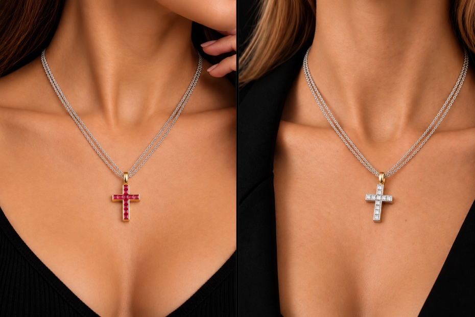 Hans Dieter Krieger Wende-Kreuz Collier Rubine & Diamanten in 750er Gold 