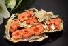 Große imposante Brosche mit Koralle fein geschliffene Blumen Brillanten Gold 585 
