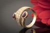 Rubin Ring 2 Rubine im Cabochon Schliff mit Diamanten in 750er Gelbgold 