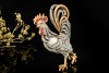 Brosche Hahn Huhn mit Rubin Diamanten Perle in 750er Weissgold Gelbgold 