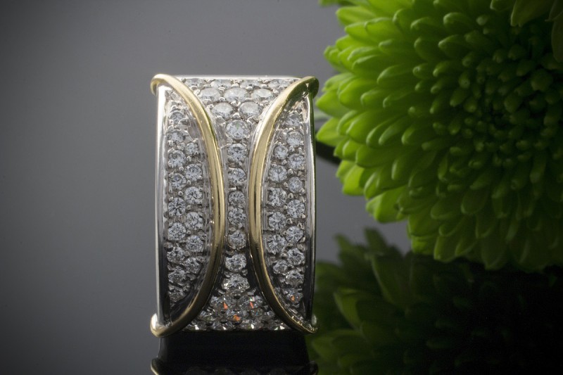 Prächtiger breiter 585 Weißgold Ring mit Gelbgold Streben & 1,50 CT Brillanten 