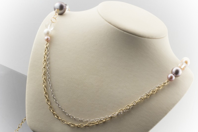 Perlen Collier Kette 94 cm Facettierte Quarzkugeln in 750er Gold Bicolor 