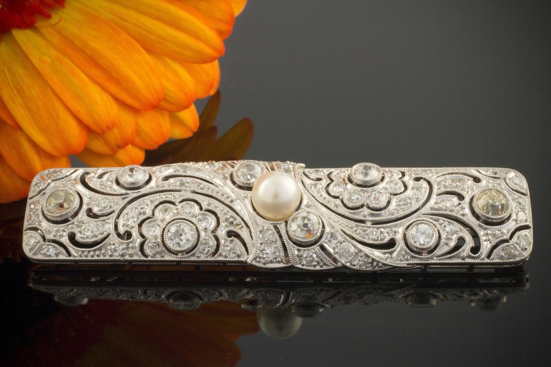 Art Deco Brosche Nadel 950er Platin mit 2 CT Diamanten & Perlen 