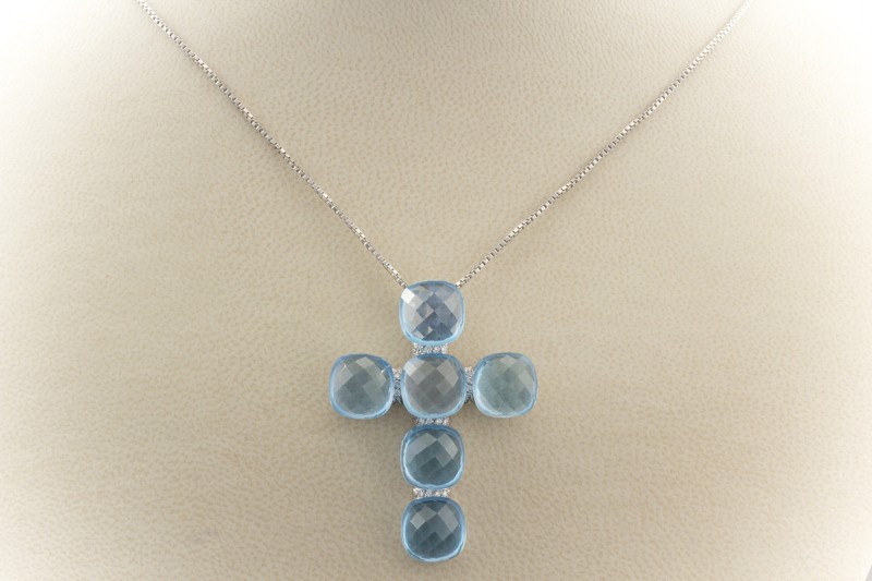 750er Weißgold Kreuz Anhänger mit Blautopas und Brillanten Gold 