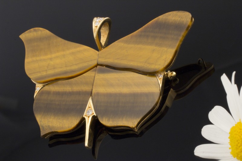 Schmetterling mit Tigerauge und Brillanten Brosche Nadel in Gelbgold 750 