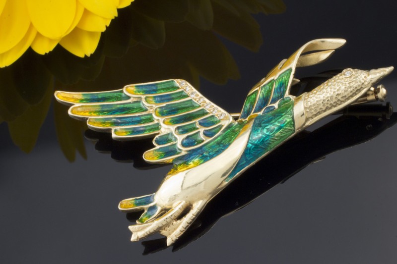 Brosche Große Flugente mit Emaille grün & Brillanten in Gelbgold 585 