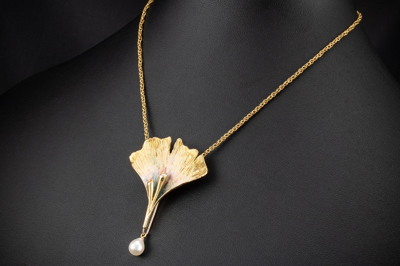 Ehinger Schwarz Collier Broschen 2 Anhänger Ohrringe Perle Emaille Gold 