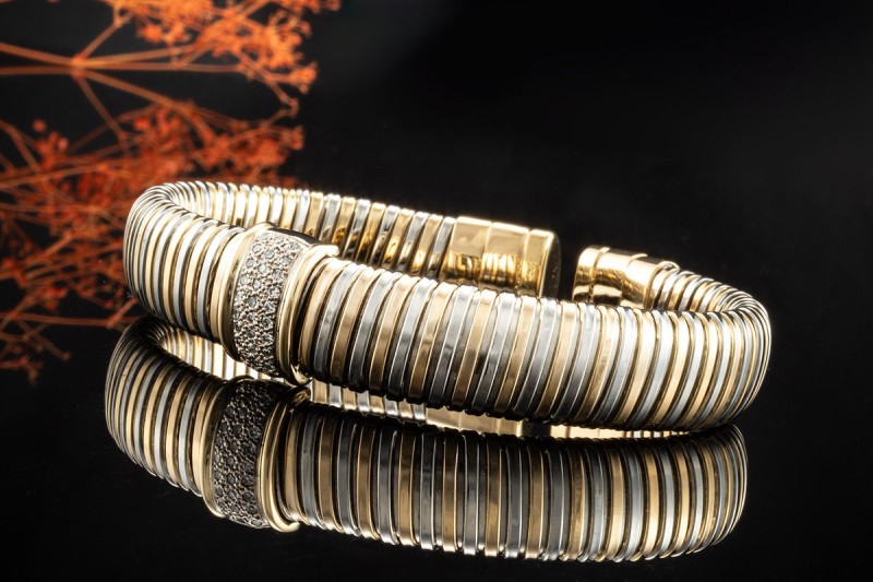 Armspange mit Diamanten Flexibel in 750er Gelbgold und Weißgold Bicolor 