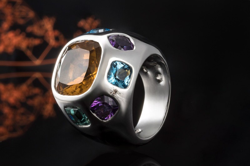 Imposanter Ring Citrin Amethyst Topas in massiver 750er Weißgold Arbeit 