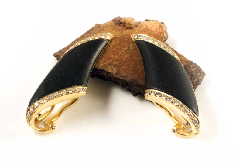 750er Gold Brillant Ohrclips Ohrringe mit Holzapplikationen 