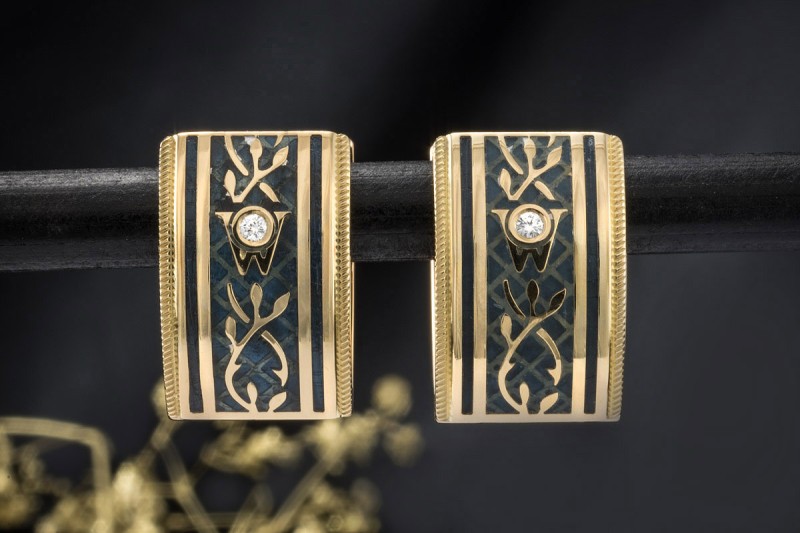 Wellendorff Vintage Ohrringe Creolen Blau Grau Diamanten in Gelbgold 750 