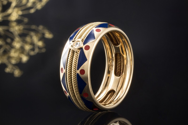 Wellendorff Ring Bordure mit Diamant Emaille Blau Rot 750er Gelbgold 60 