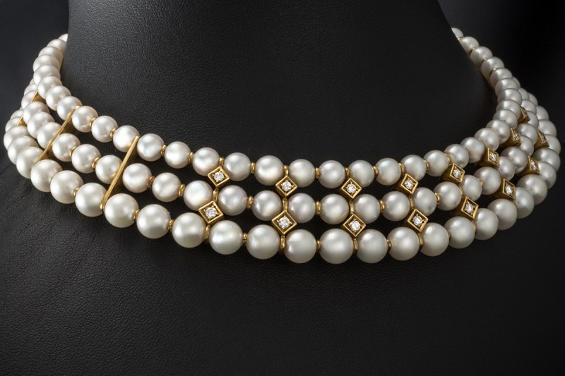 Kropfband Choker Akoya Perlen Diamanten Halsband in Gelbgold 750 Arbeit 