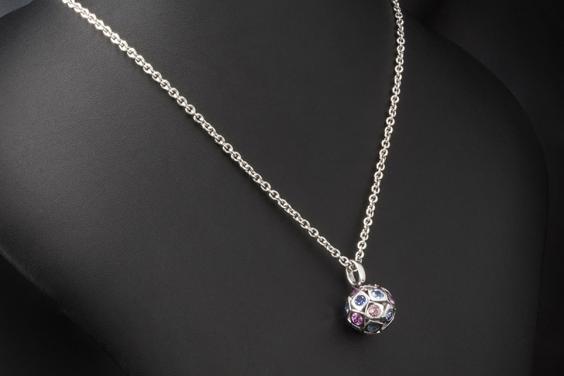 A. Odenwald Tango Collier Kugel Anhänger Kette Bunte Saphire in Weißgold 