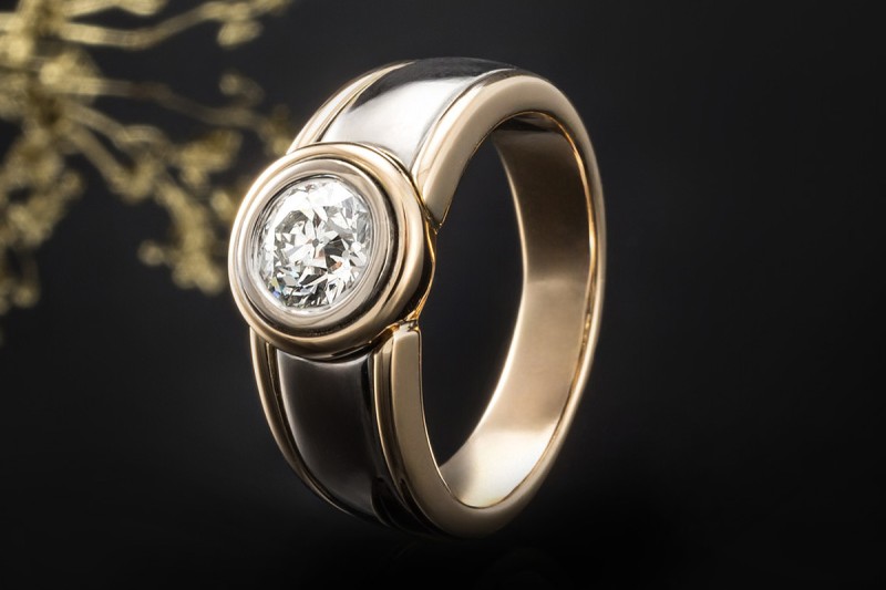 Solitär Ring 1,2 Ct Diamant Altschliff Massive Arbeit 750er Gold Bicolor 