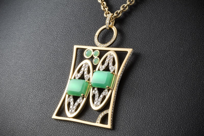 Jazychic Zwillinge Sternzeichen Anhänger Chrysopras Diamanten Gelbgold 