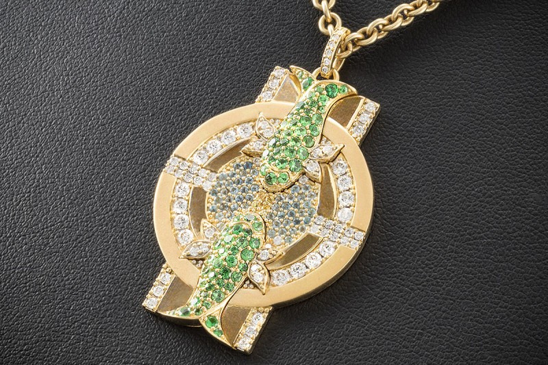 Jazychic Fische Sternzeichen Anhänger Tsavorit Aquamarin Diamanten Gold 