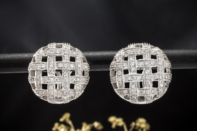 Ohrclips Ohrringe mit Diamanten rund geflochten in 750er Weißgold 
