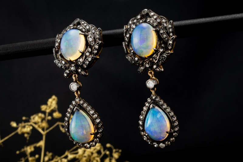 Antike Opal Ohrringe Ohrstecker Ohrhänger mit Diamanten Silber Gelbgold 
