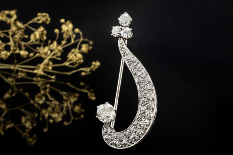 Elegante Brosche Musiknote Vintage Nadel mit Diamanten in 750er Weißgold 