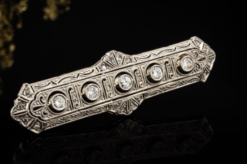Lange Art Déco Brosche Nadel Diamanten Goldschmiedearbeit Weißgold Gold 