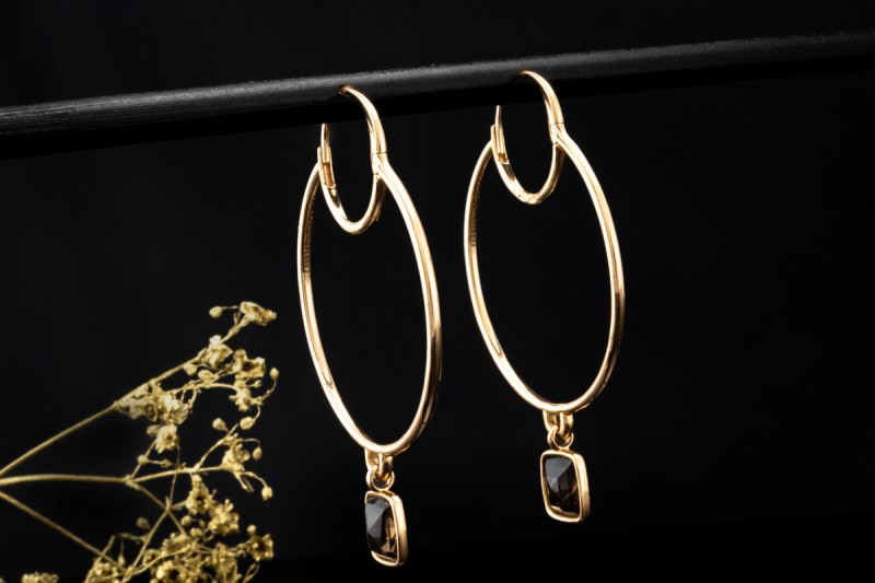 Hermès Ohrringe Große runde Creolen mit Rauchquarz Anhänger in Roségold 