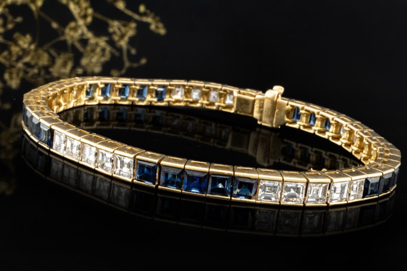 Armband Saphire und Diamanten eckig Tennisarmband Blau Weiß Gelbgold 750 