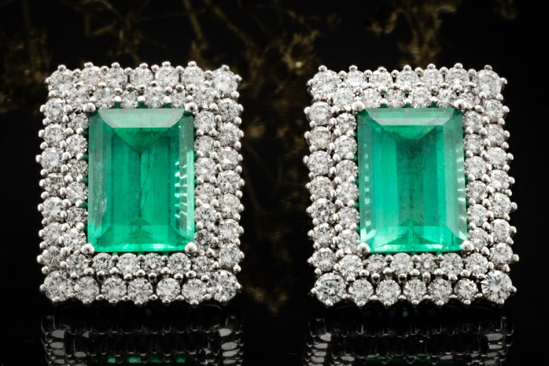 Große Smaragd Ohrringe rechteckig mit Diamanten Weißgold 750 Handarbeit 