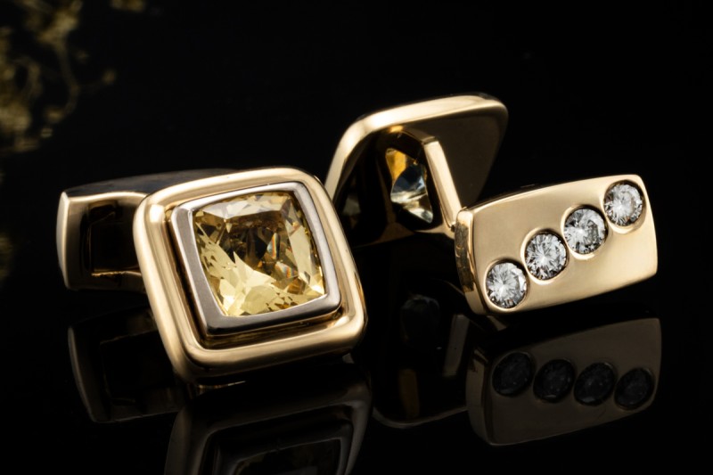 Sanders Manschettenknöpfe Aquamarin Citrin und Diamanten in Gelbgold 750 