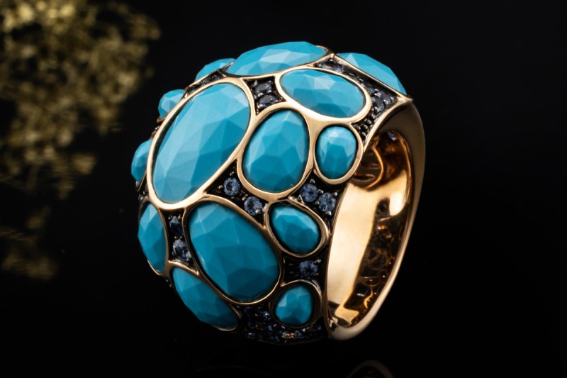 MIMÍ Milano Cocktail Ring Türkis und blauer Amethyst in 750er Roségold 