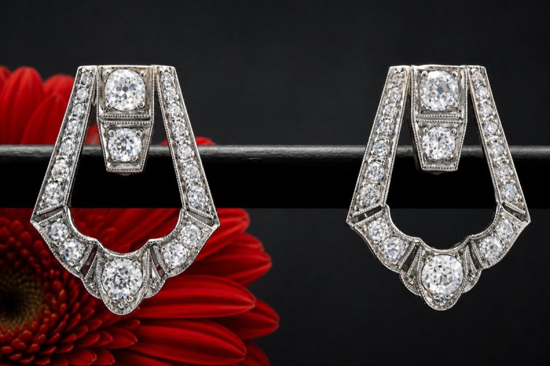 Art Déco Ohrringe Ohrstecker Altschliff Diamanten in Platin Handarbeit 