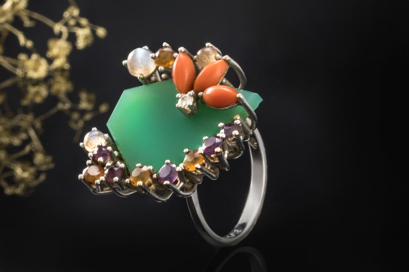 Chrysopras Ring Diamant Koralle Amethyst Citrin Mondstein 750er Weißgold 