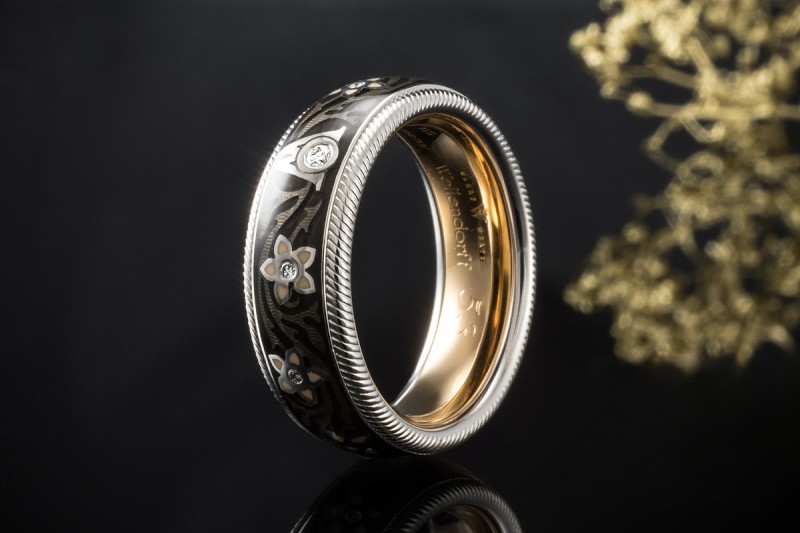Wellendorff Ring Drehring Blütenengel Schwarz mit Diamanten Weißgold 750 