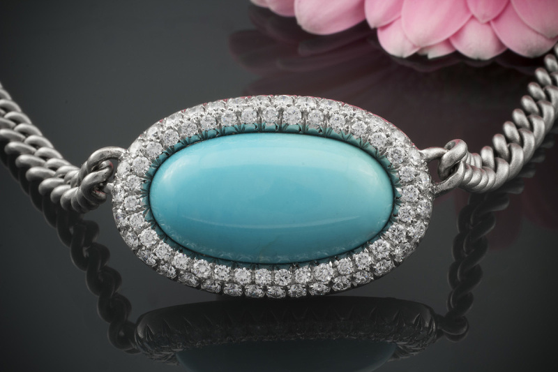 HANDARBEIT Kropfband Kette Collier 34cm Weißgold mit Türkis und Brillanten 