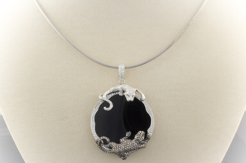 2 Panther Anhänger Rund mit Onyx 2,80 Ct Brillanten in 750er Weißgold  