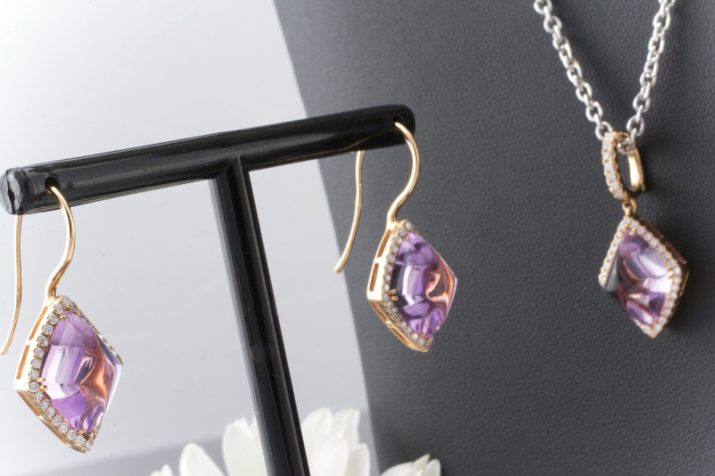 Schmuckset Ohrhänger + Anhänger Amethyst & Brillanten 750 Rotgold LP 7.650,- 