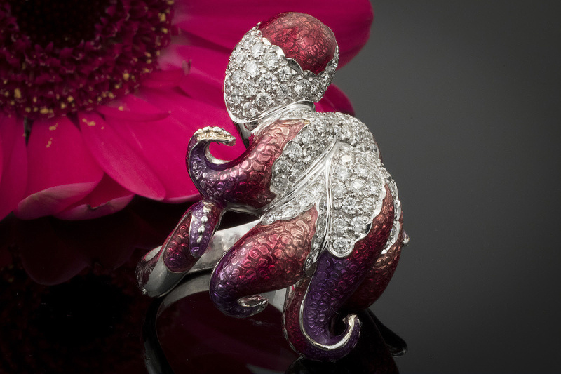 Dal Lago Octopus Ring Krake Brillanten Emaille Farbverlauf Weißgold 750 