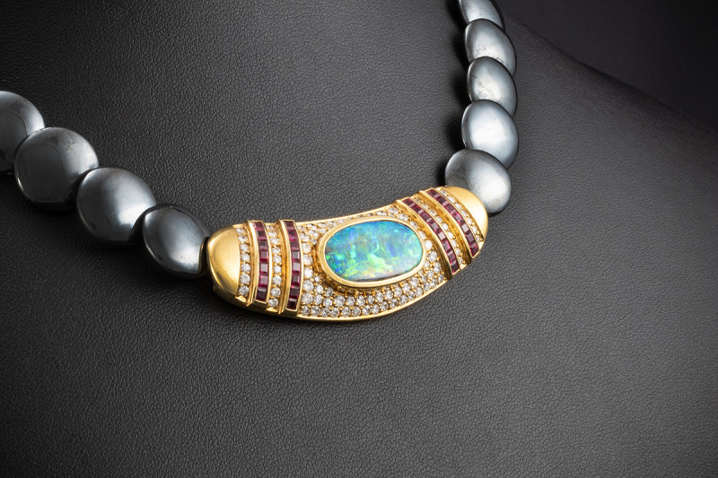 Hämatit Collier Kette Boulder Matrix Opal Diamanten Rubin 750er Gelbgold 