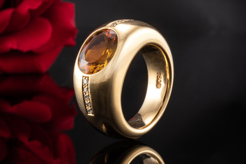 A. Odenwald Ring mit Palm Citrin Diamanten Brillanten in 750er Gelbgold 